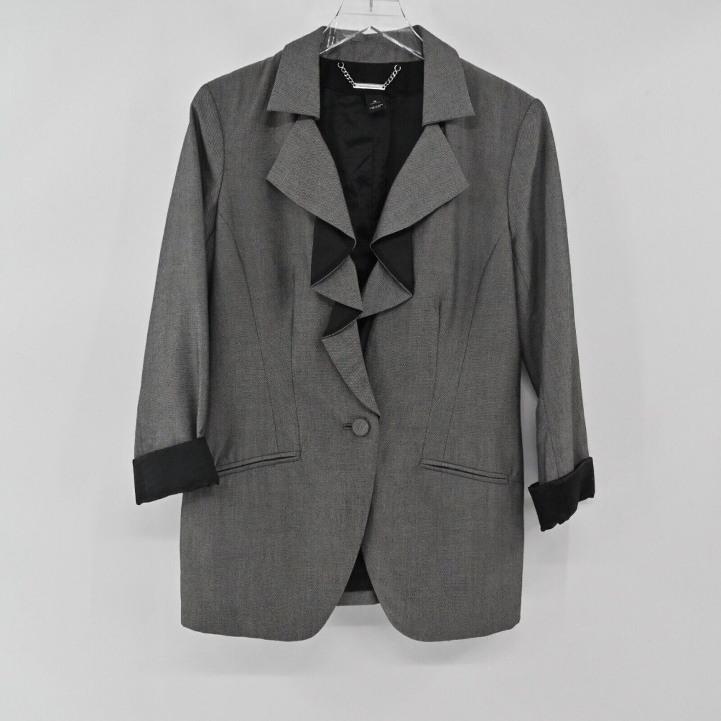 WHBM Blazer Womens Sz M Gray Black Ruffle Front Flip Cuff Retro Office Career