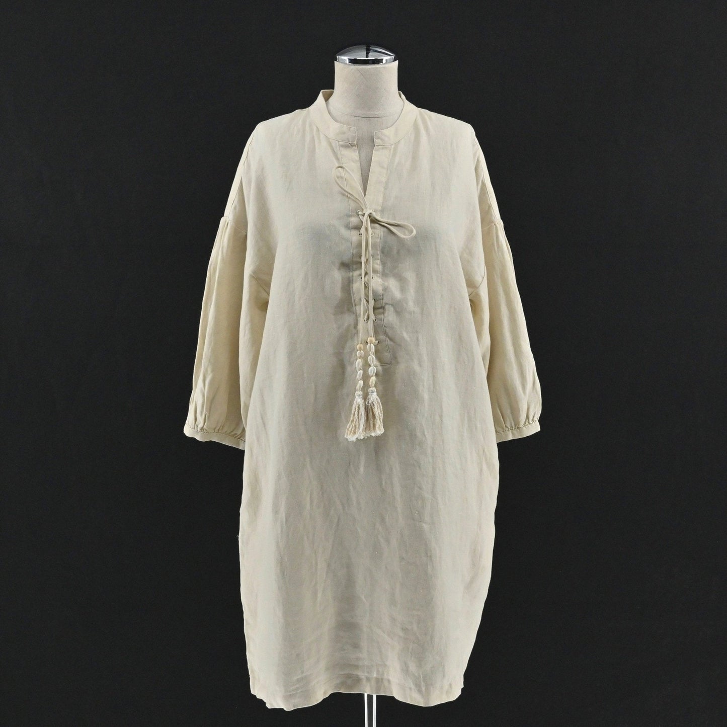 Magaschoni Linen Dress Size M Lagenlook Beige Ethereal Boho Neutral Tunic Tassel