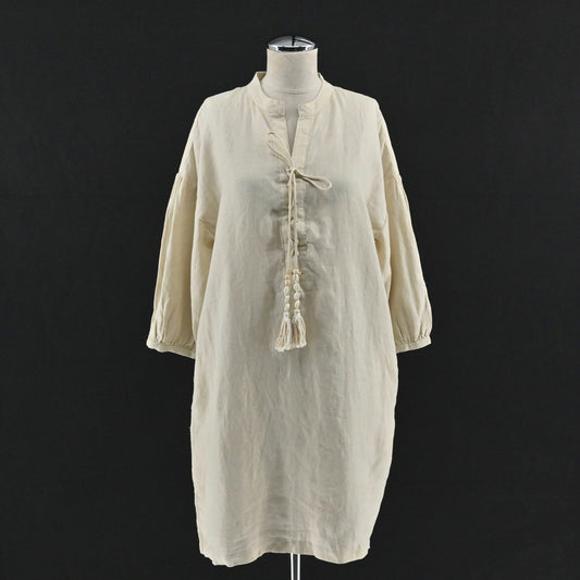 Magaschoni Linen Dress Size M Lagenlook Beige Ethereal Boho Neutral Tunic Tassel