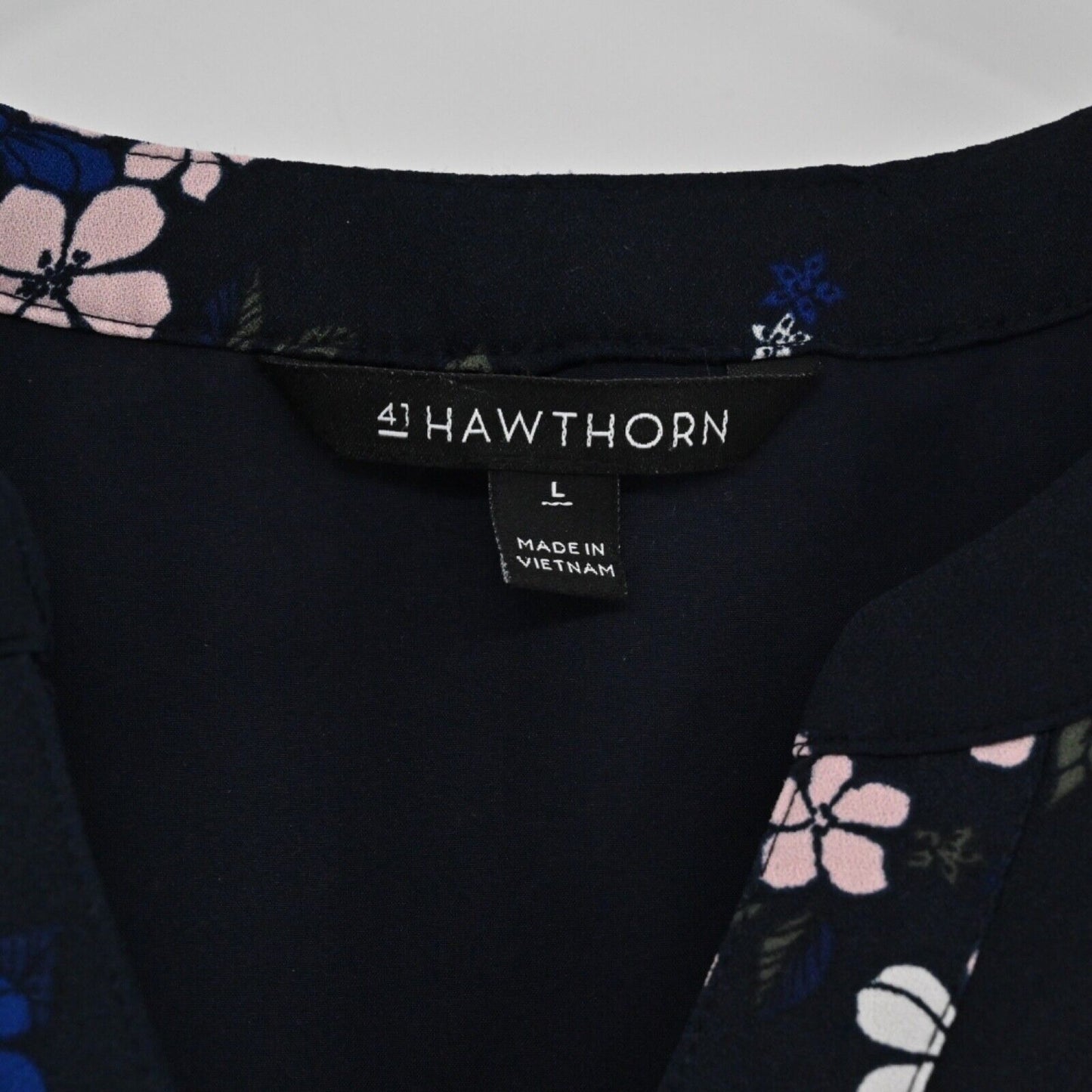 41 HAWTHORN Dress Womens Sz L Navy Blue Floral Sleeveless Tie Waist Claira Shirt