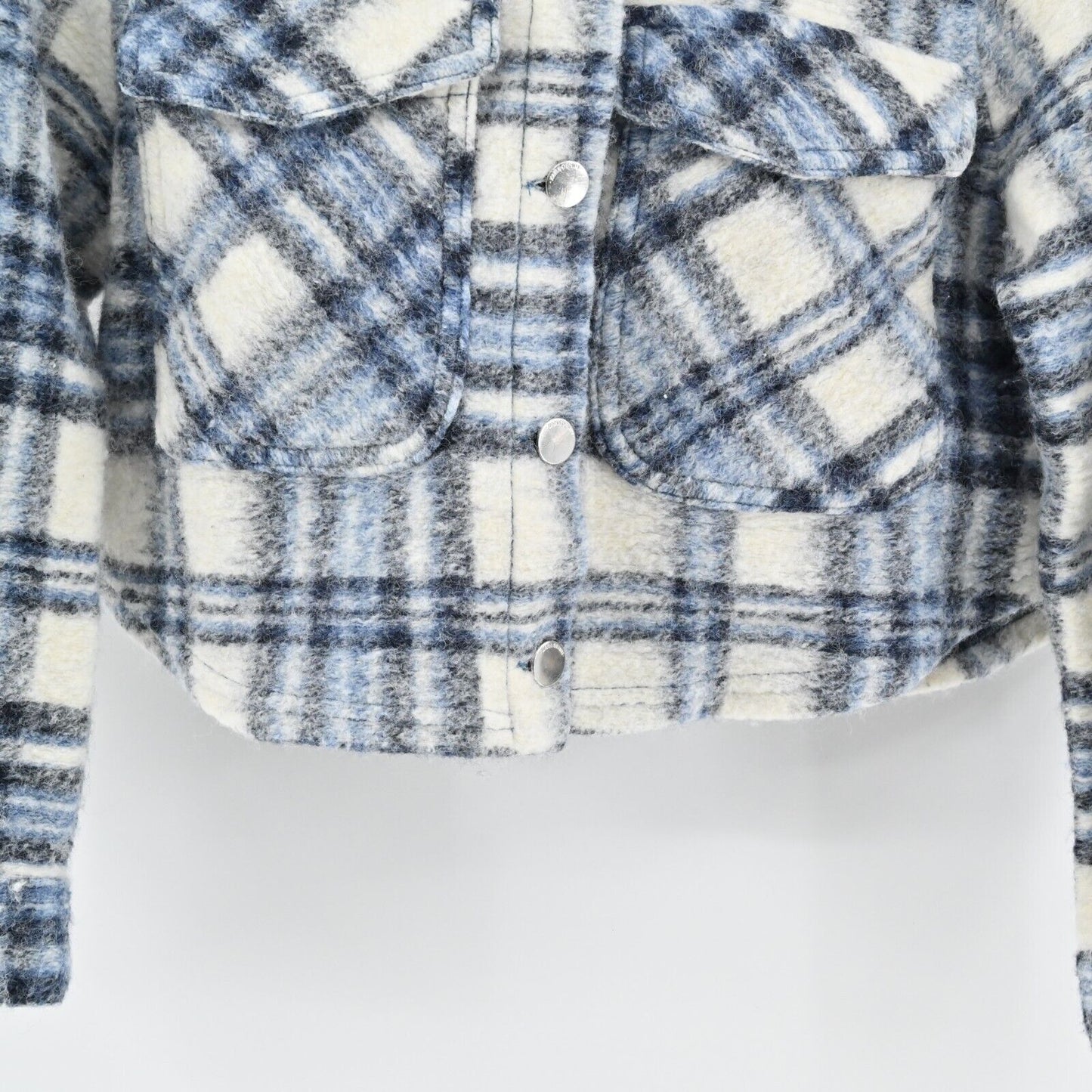 ZARA Jacket Womens Size XS Cropped Blue Plaid Button Front Shacket Wool Blend