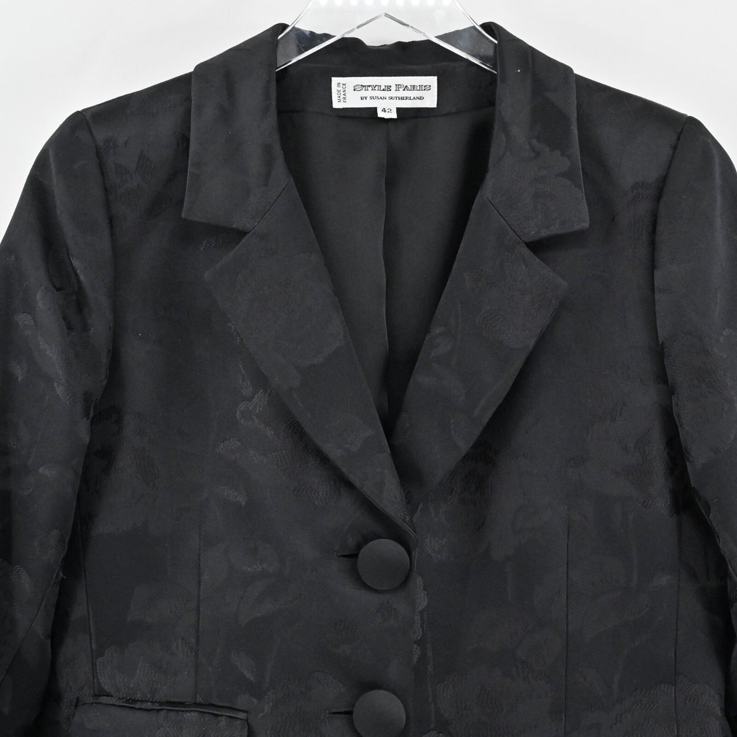 STYLE PARIS Jacket Womens 42 Black Silk Floral Damask Brocade Susan Sutherland
