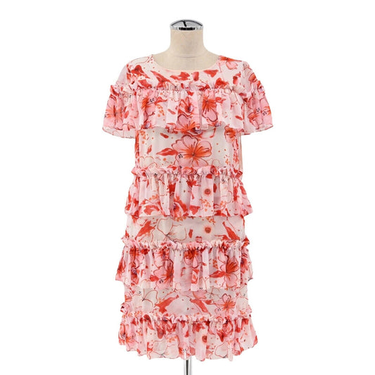 BADGLEY MISCHKA Dress Womens Size 6 Pink Red Ruffle Floral Chiffon Mini Runway
