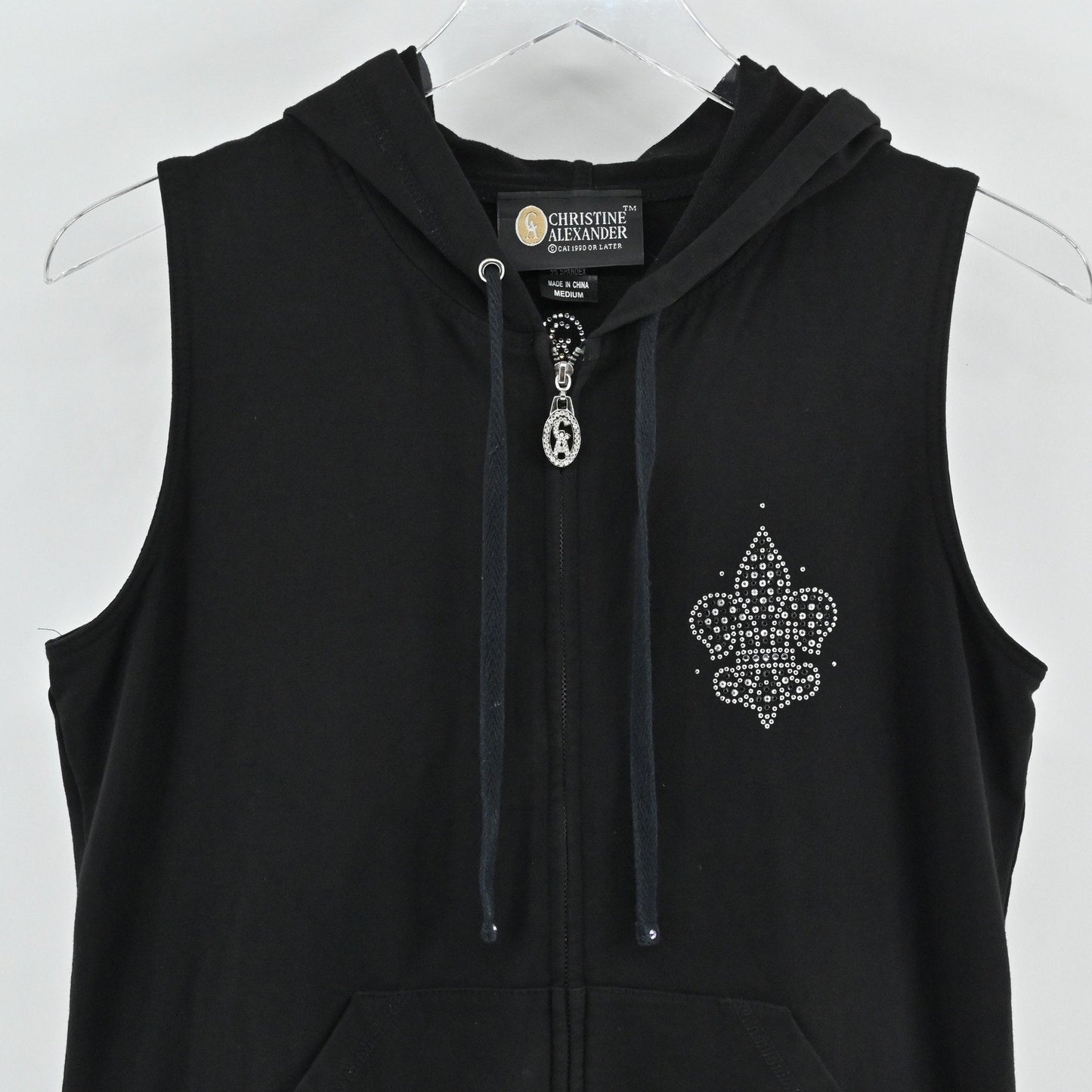 Vtg Christine Alexander Womens Rhinestone Hoodie Size M Fleur de Lis Sleeveless