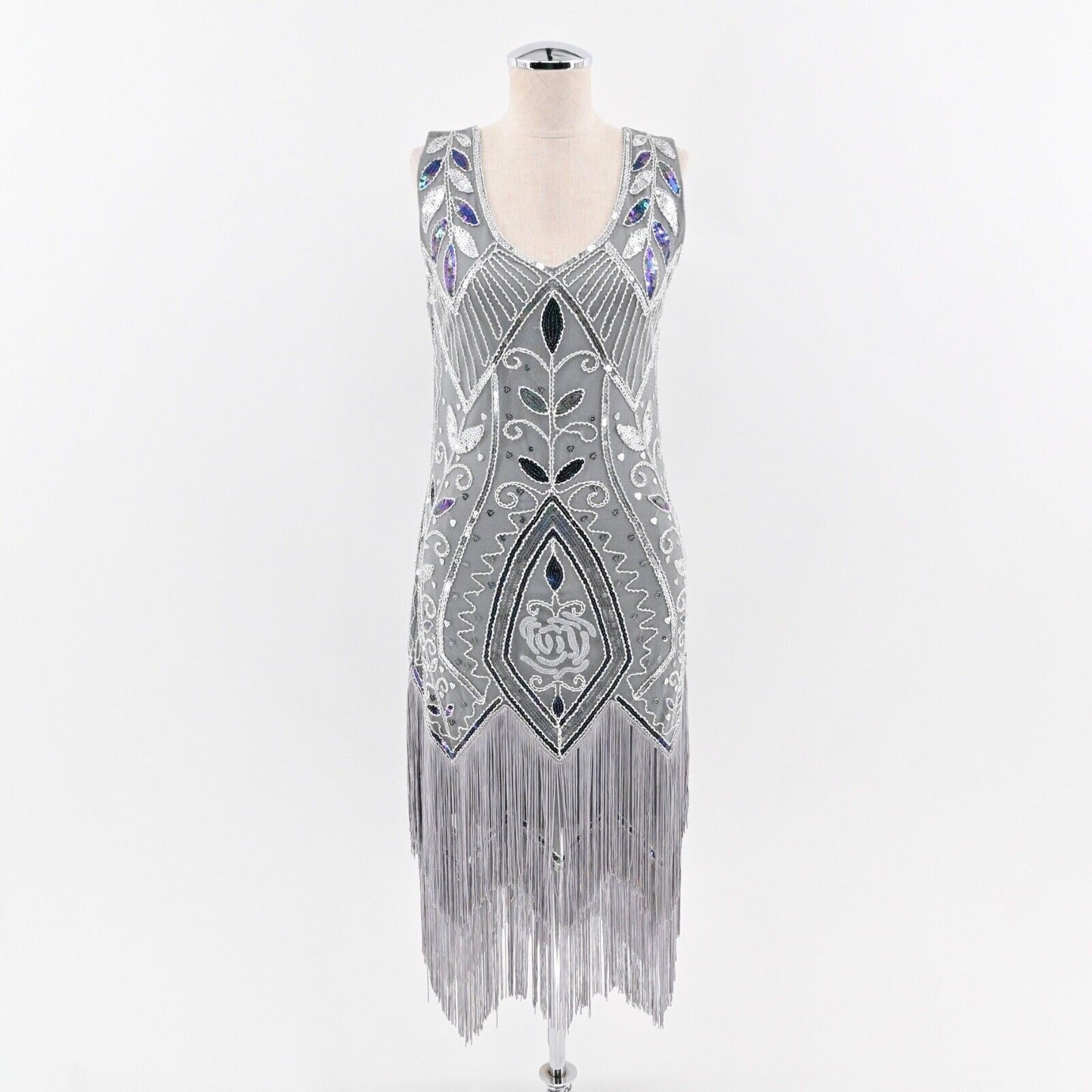METME Dress Size S Gray Sequin Beaded V Neck Sleeveless Fringe Flapper 1920s NEW