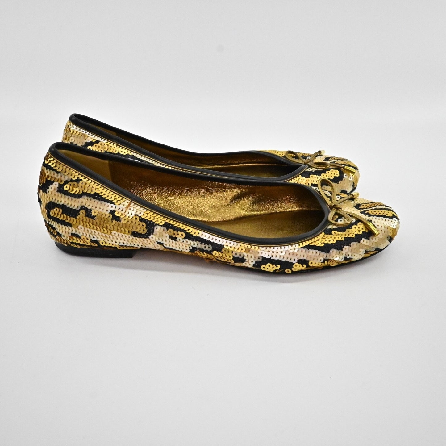 COACH Womens Liah Sequin Bow Ballet Flats Size 6.5 Gold Leopard Print Retro Y2K