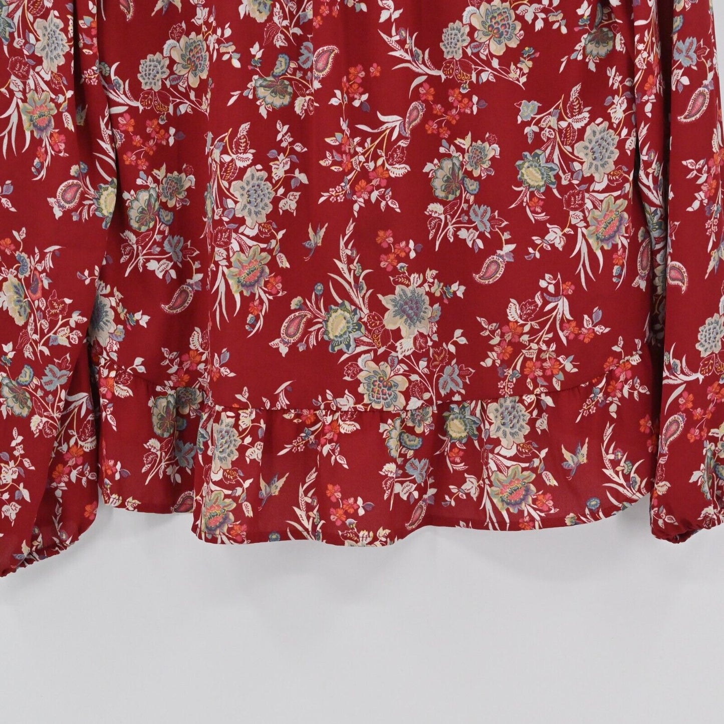 LOFT Top Womens Size XS Red Floral Tie V-Neck Blouse Ruffle Hem Balloon Sleeve