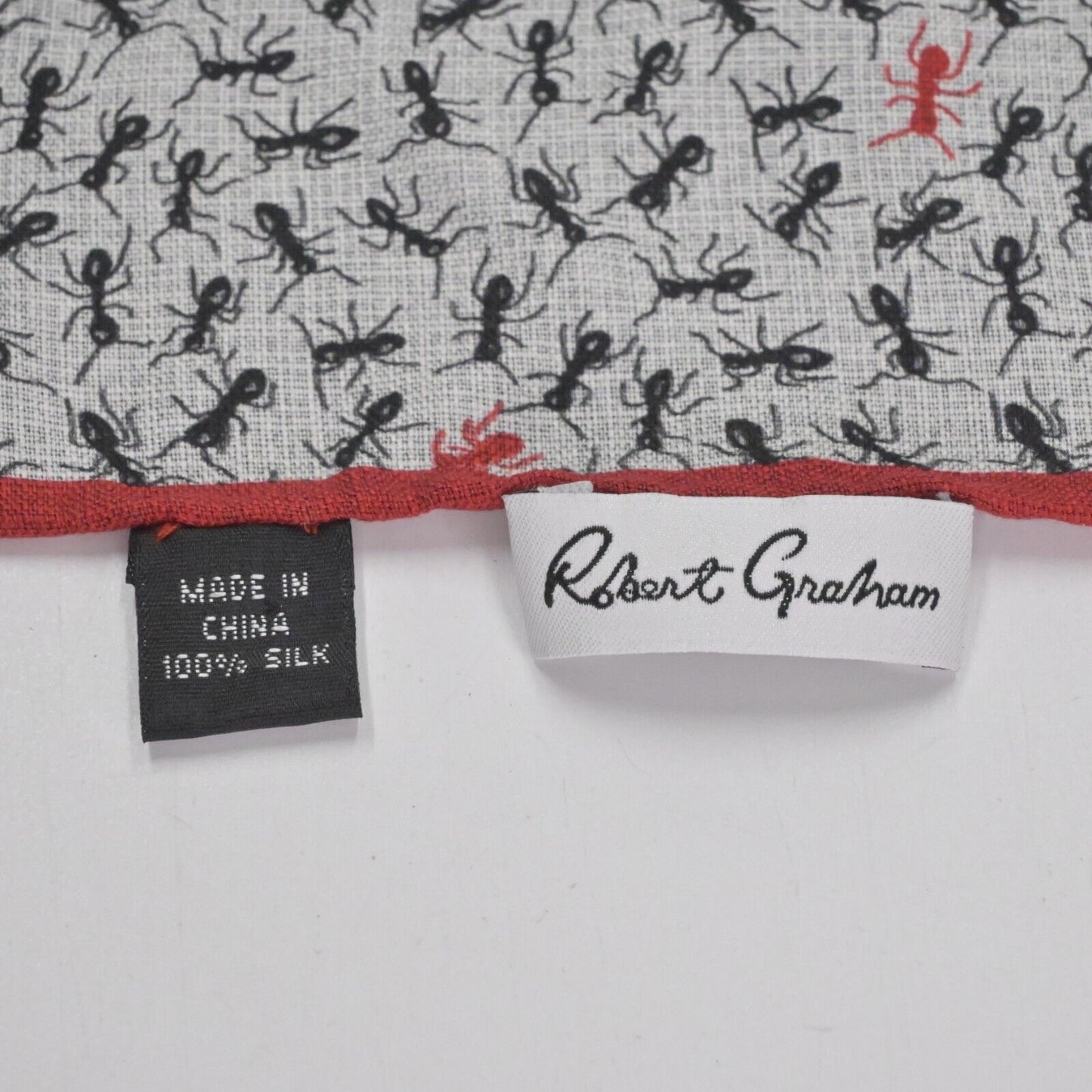 ROBERT GRAHAM Pocket Square Mens Silk Red Black Ant Bug Print Lightweight Scarf