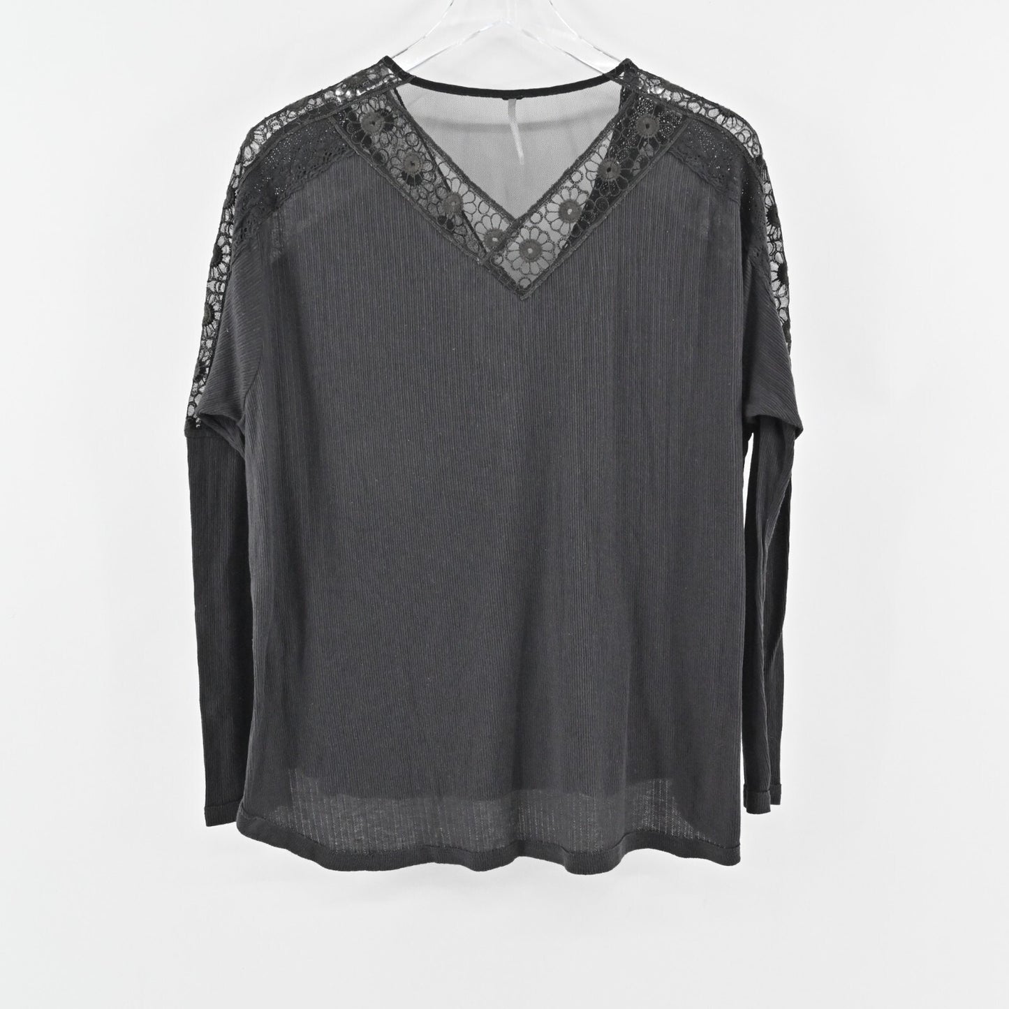 FREE PEOPLE Top Womens Size S Lola Long Sleeve Washed Black Lace Trim Raglan