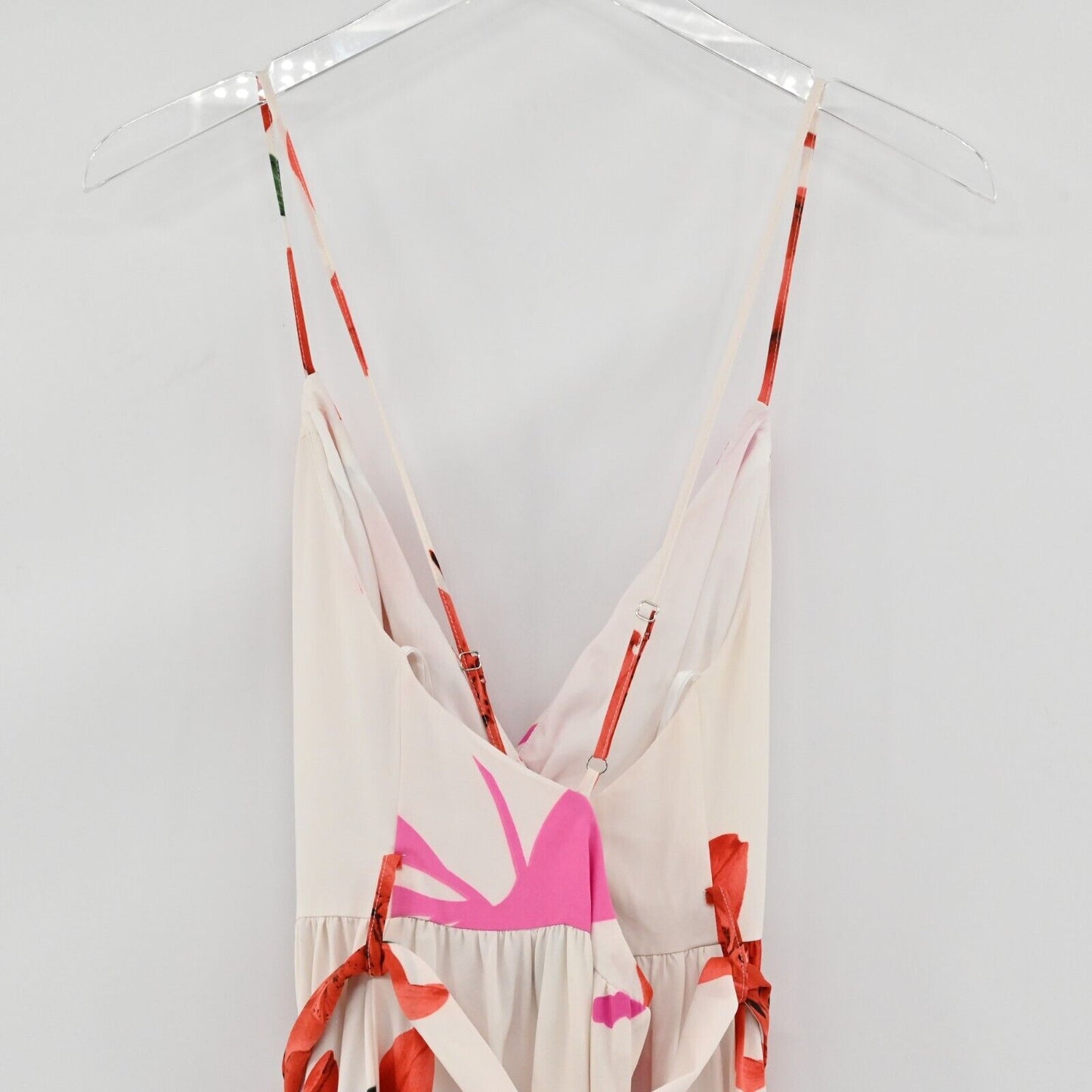 THE SANG Dress Sz S Sleeveless Maxi Red Pink White Floral Tiered Tie Waist Beach