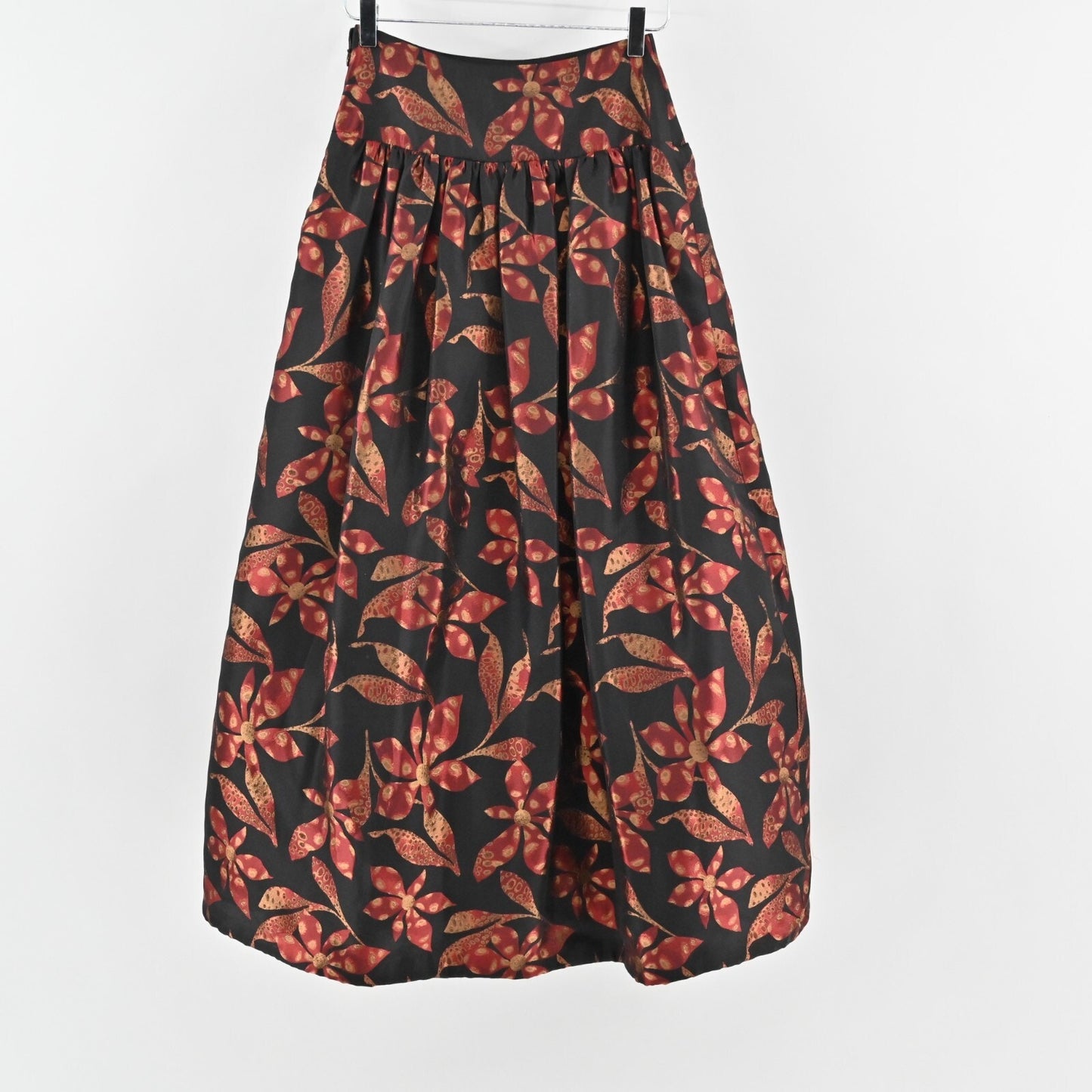 Vtg DAVID MEISTER Maxi Skirt Size 2 Pleated Black Red Floral Print High Waisted