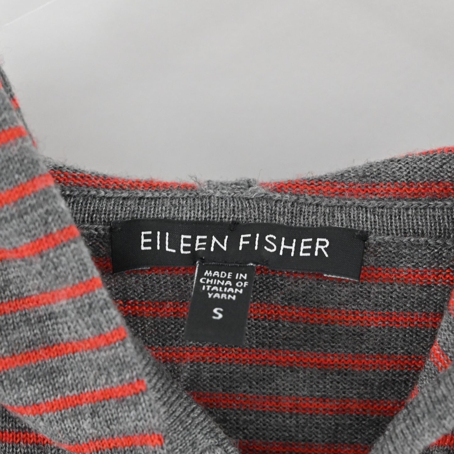Eileen Fisher Womens Merino Wool Sweater Small Gray Red Striped Hoodie Pullover