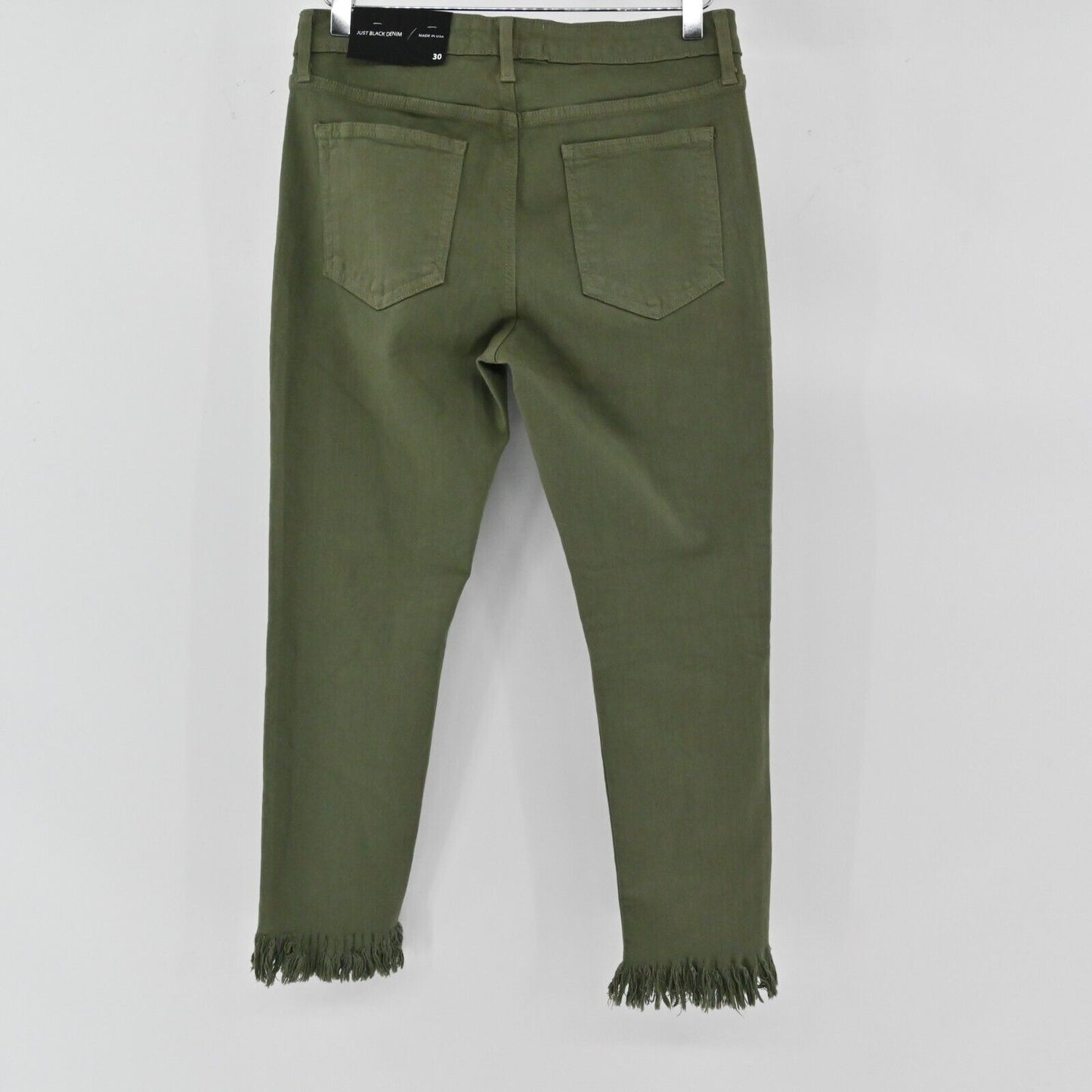 JUST BLACK DENIM Jeans Womens Sz 30 Green Crop Ankle Army Fringe Made in USA NEW