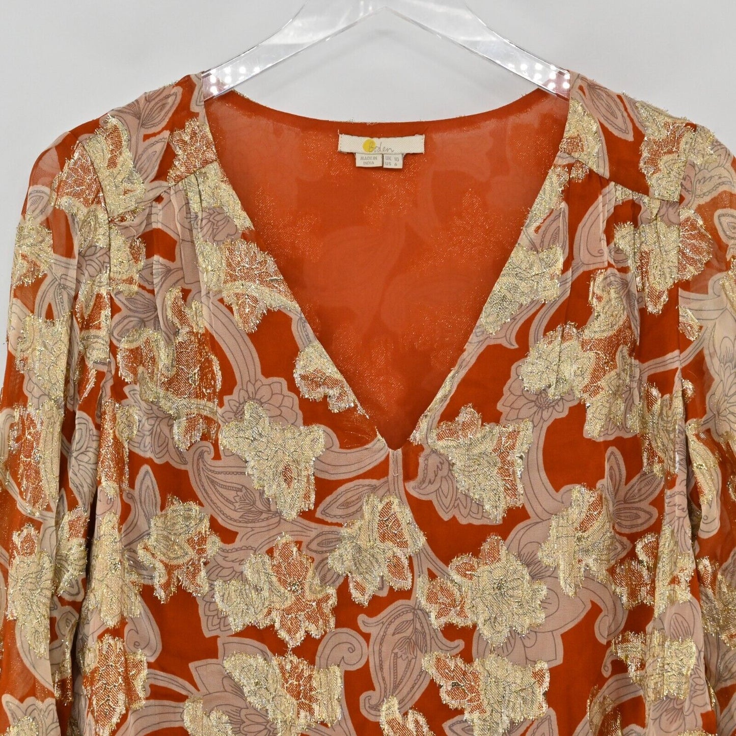 BODEN Top Womens Sz 6 VNeck Jacquard Blouse Rust Whirl Floral Print Long Sleeve