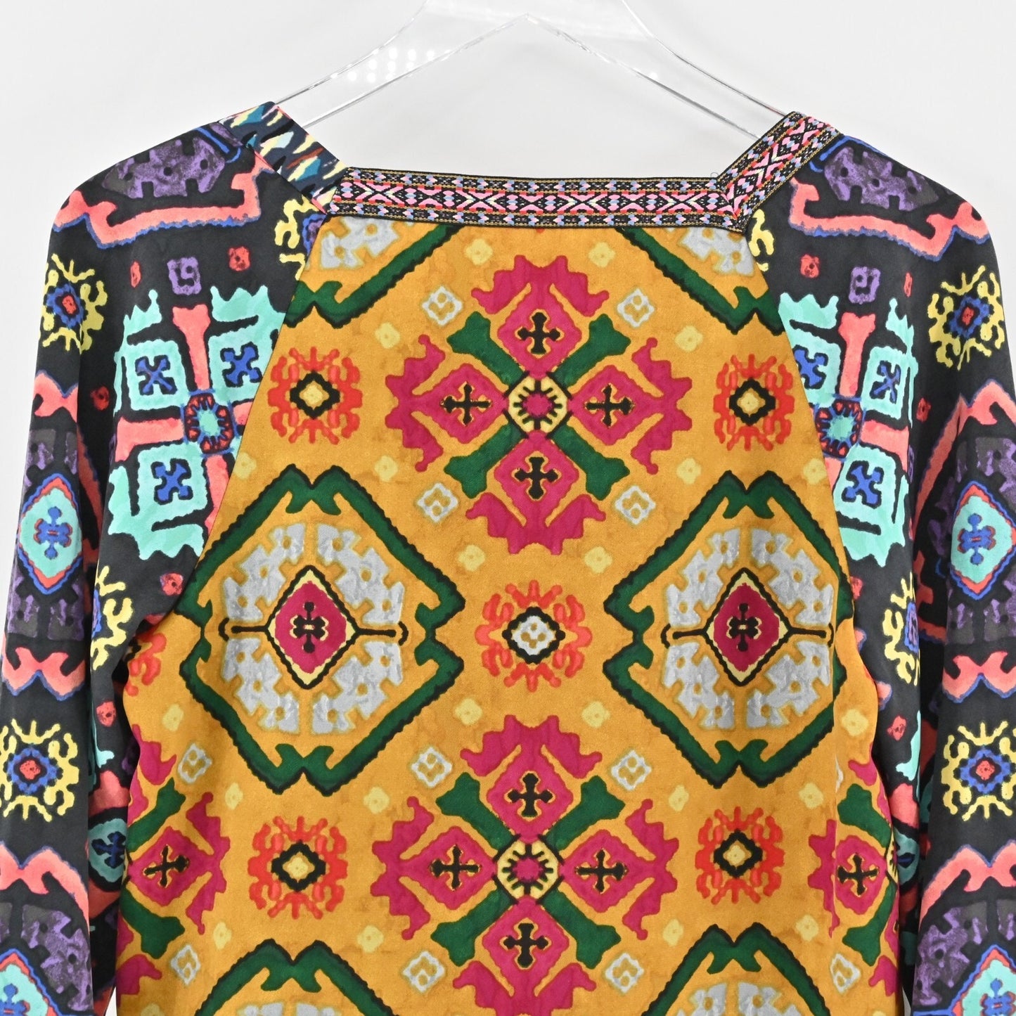 RACHEL ROY Top Womens Sz M Multicolor Print Embroidered Trim Square Neck Blouse