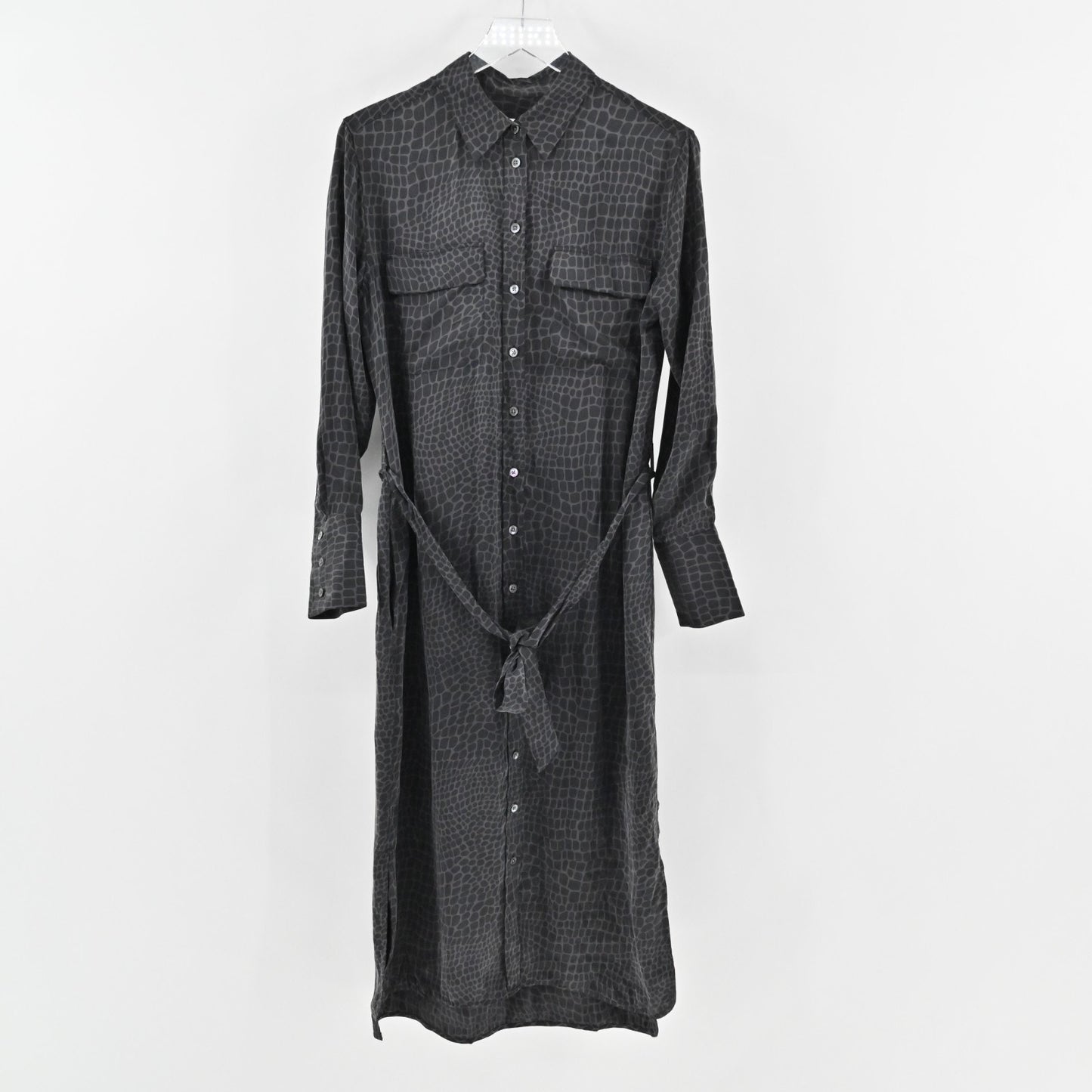 EQUIPMENT Silk Midi Dress Sz S Black Animal Print Button Front Belted Collared