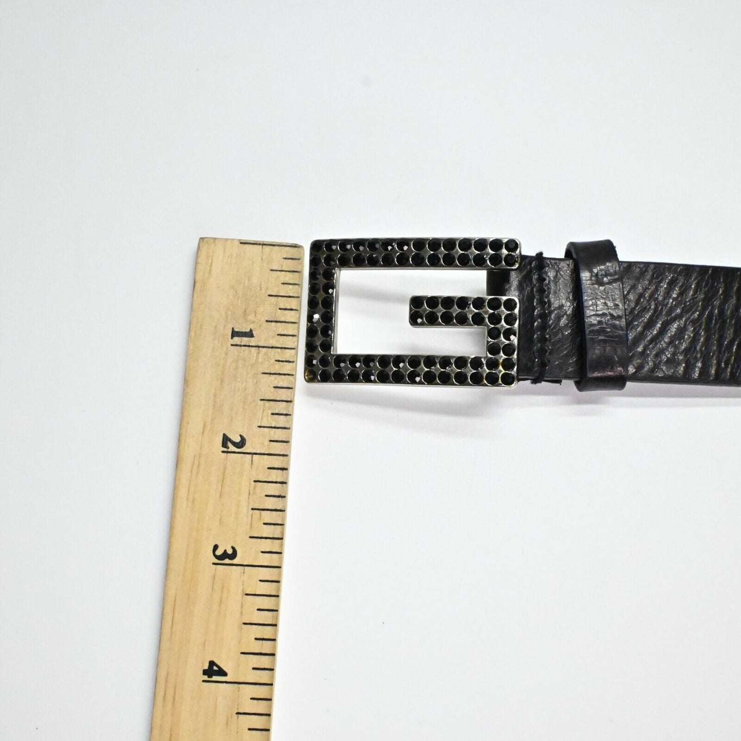 Vintage GUESS Brand Womens Belt Black Genuine Leather Stones Bling G Logo Small