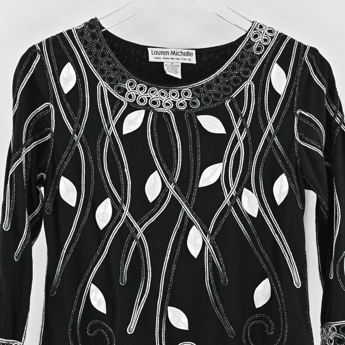 Vtg Lauren Michelle Womens Black Embroidered Top Size S Art Elegant Embellished