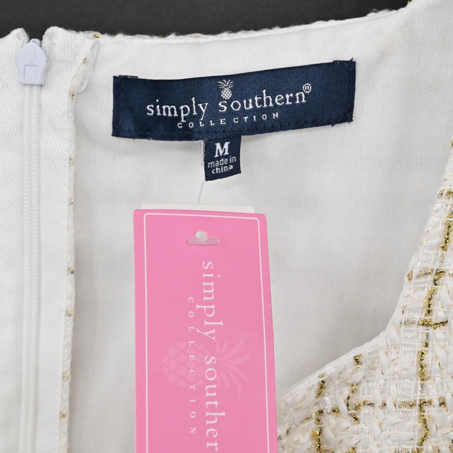 Simply Southern Tweed Puff Sleeve Dress Size M Square Neck Tiered Ivory Gold NEW