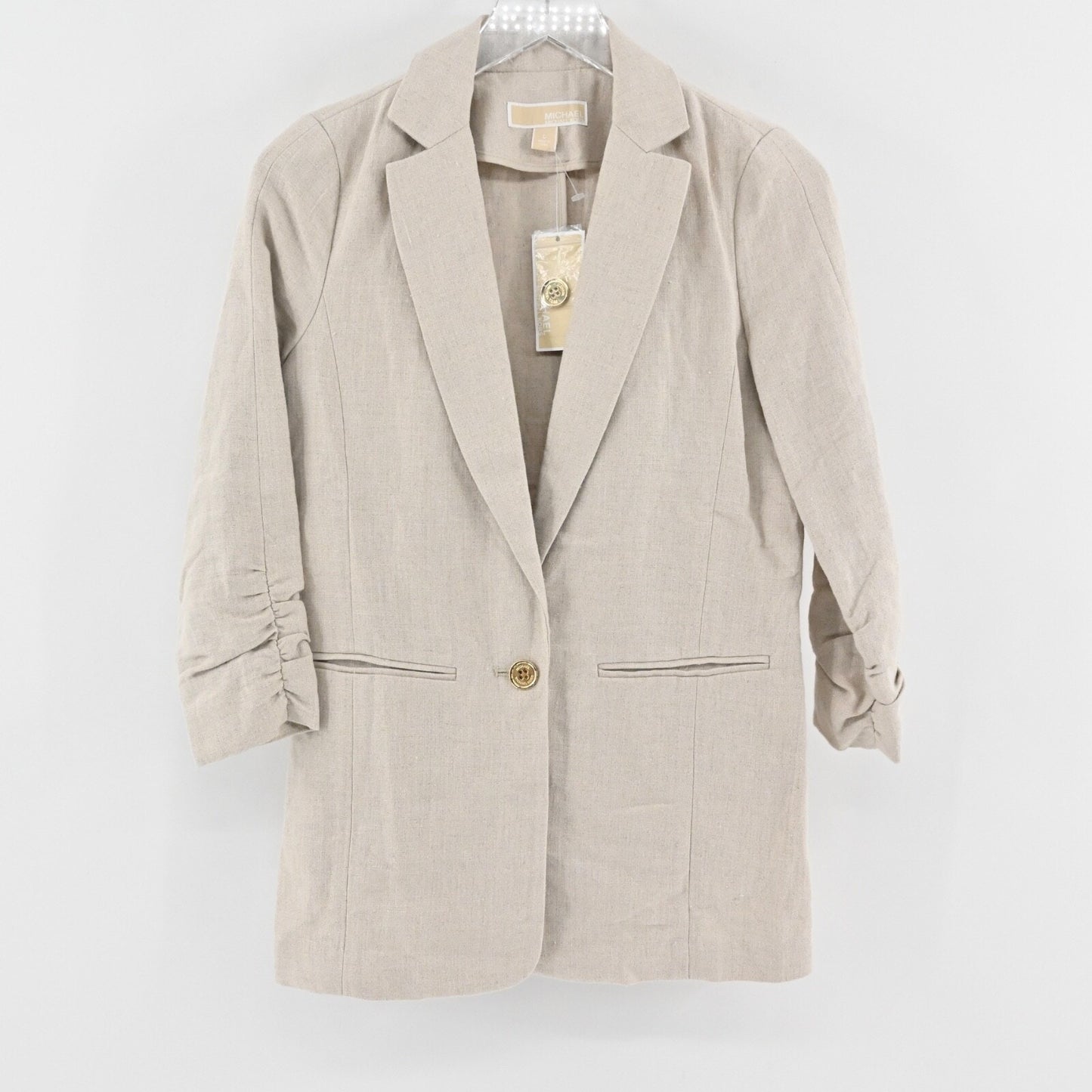 MICHAEL KORS Womens Ruched Linen Blazer Sz 0 Beige 3/4 Sleeve Office Career NEW