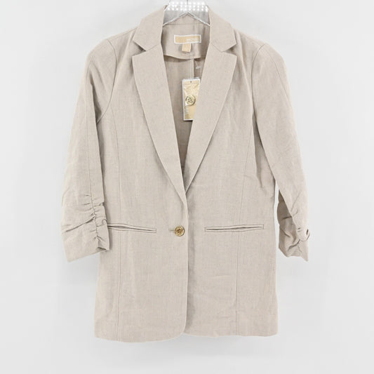 MICHAEL KORS Womens Ruched Linen Blazer Sz 0 Beige 3/4 Sleeve Office Career NEW