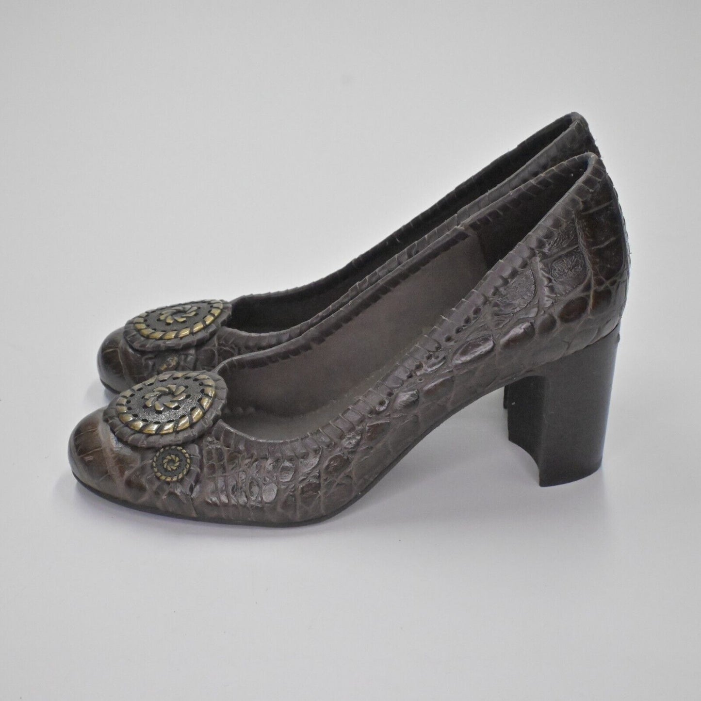 JACK ROGERS Heels Womens Size 7 Coin Isabelle Brown Croc Leather Pump Round Toe
