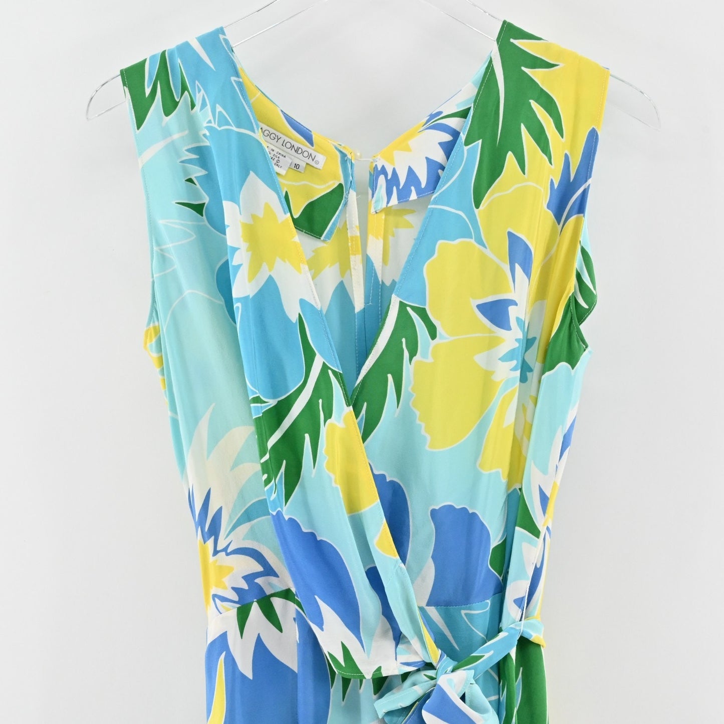 Vtg Maggy London Silk Maxi Dress Size 10 Floral Tropical Print Blue Sleeveless