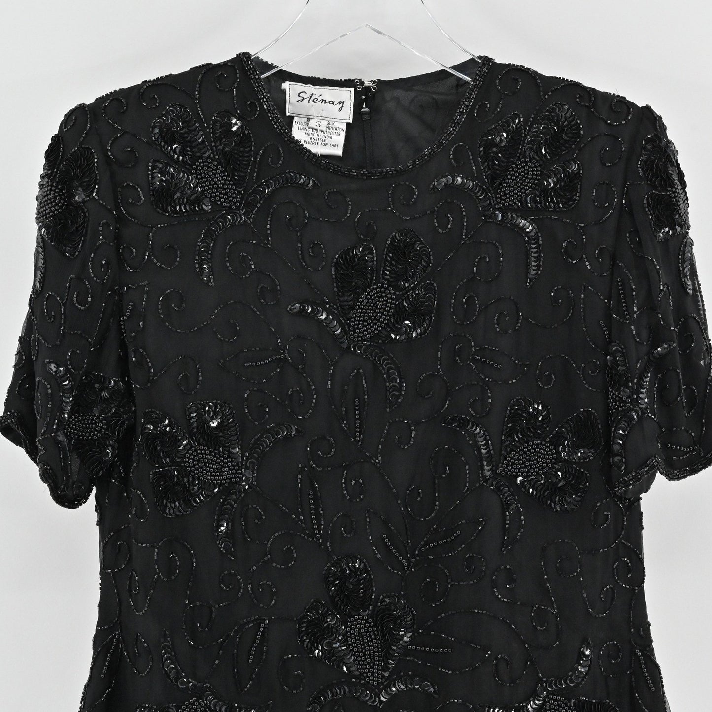 Vtg Stenay Silk Beaded Top Size S Black Sequin Whimsigoth Retro Glam Luxe Blouse