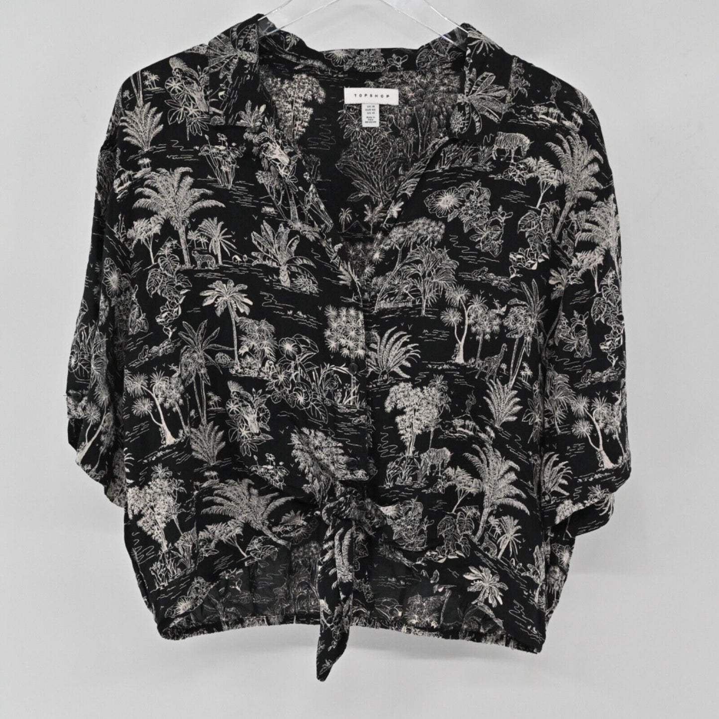 TOPSHOP Top Womens Size 10 Black White Tropical Savanna Print Tie Up Button Up