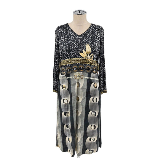 MALIPARMI Dress Womens Sz IT 46 US 10 Black Retro Print Long Sleeve Shift Italy