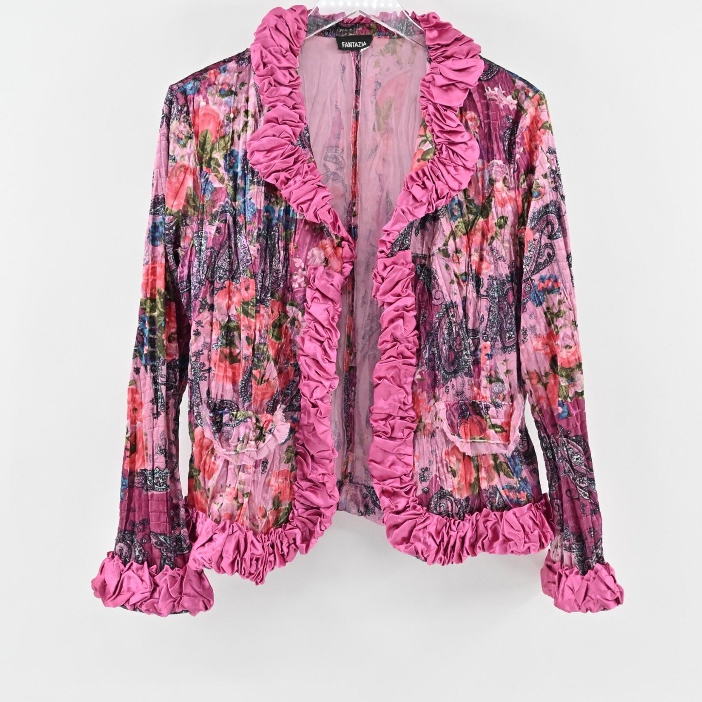 Vtg FANTAZIA Womens Velvet Jacket Size M Pink Floral Paisley Crinkle Ruffle Y2k