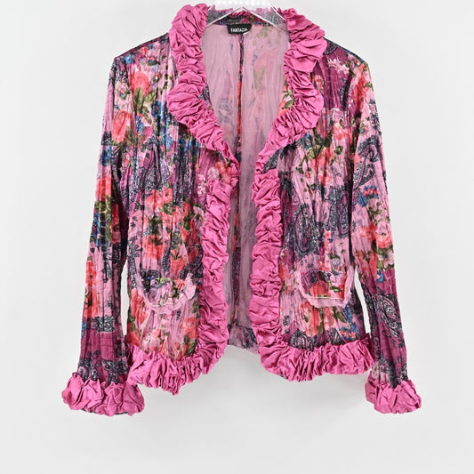 Vtg FANTAZIA Womens Velvet Jacket Size M Pink Floral Paisley Crinkle Ruffle Y2k