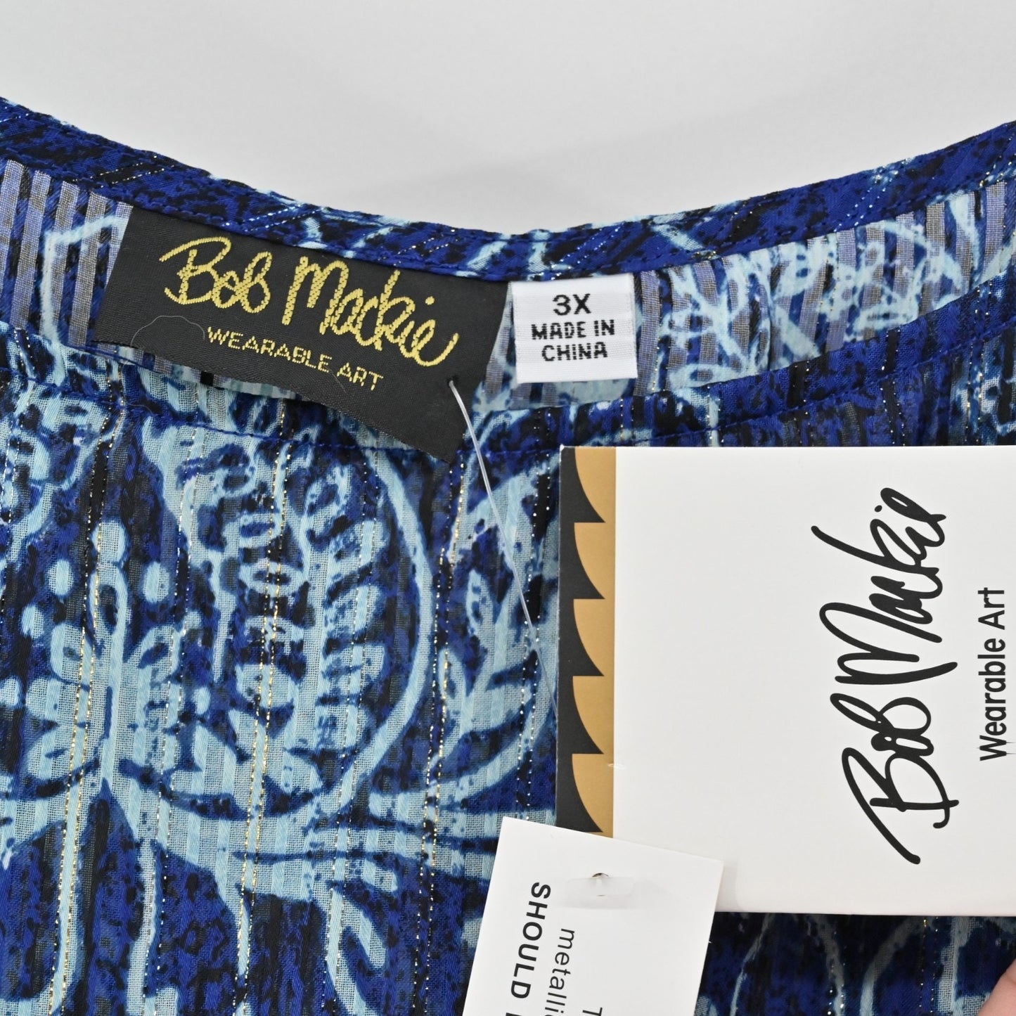 Bob Mackie Womens Kaftan Blue Top Size 3X Metallic Floral Wearable Art Flowy NEW