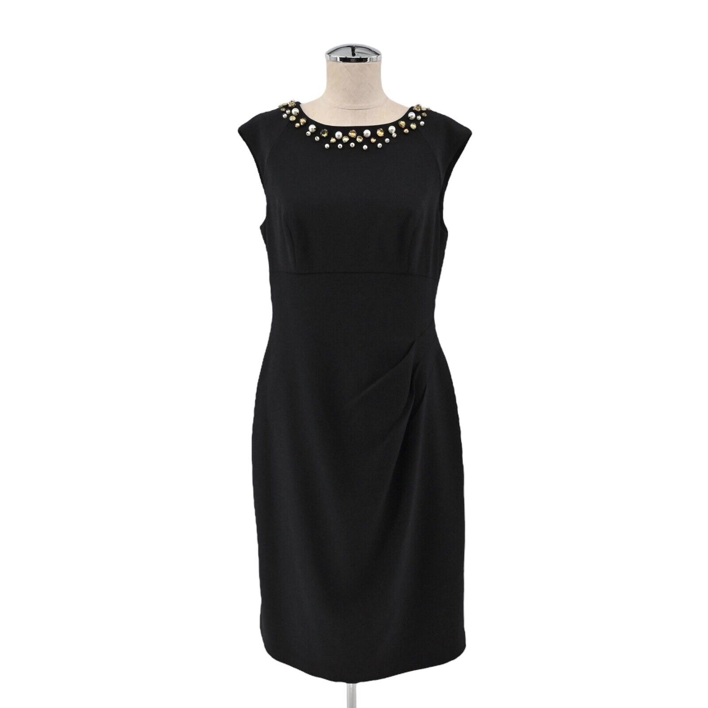 ADRIANNA PAPELL Dress Womens Size 10 Beaded Neck Solid Black Ruched Sleeveless