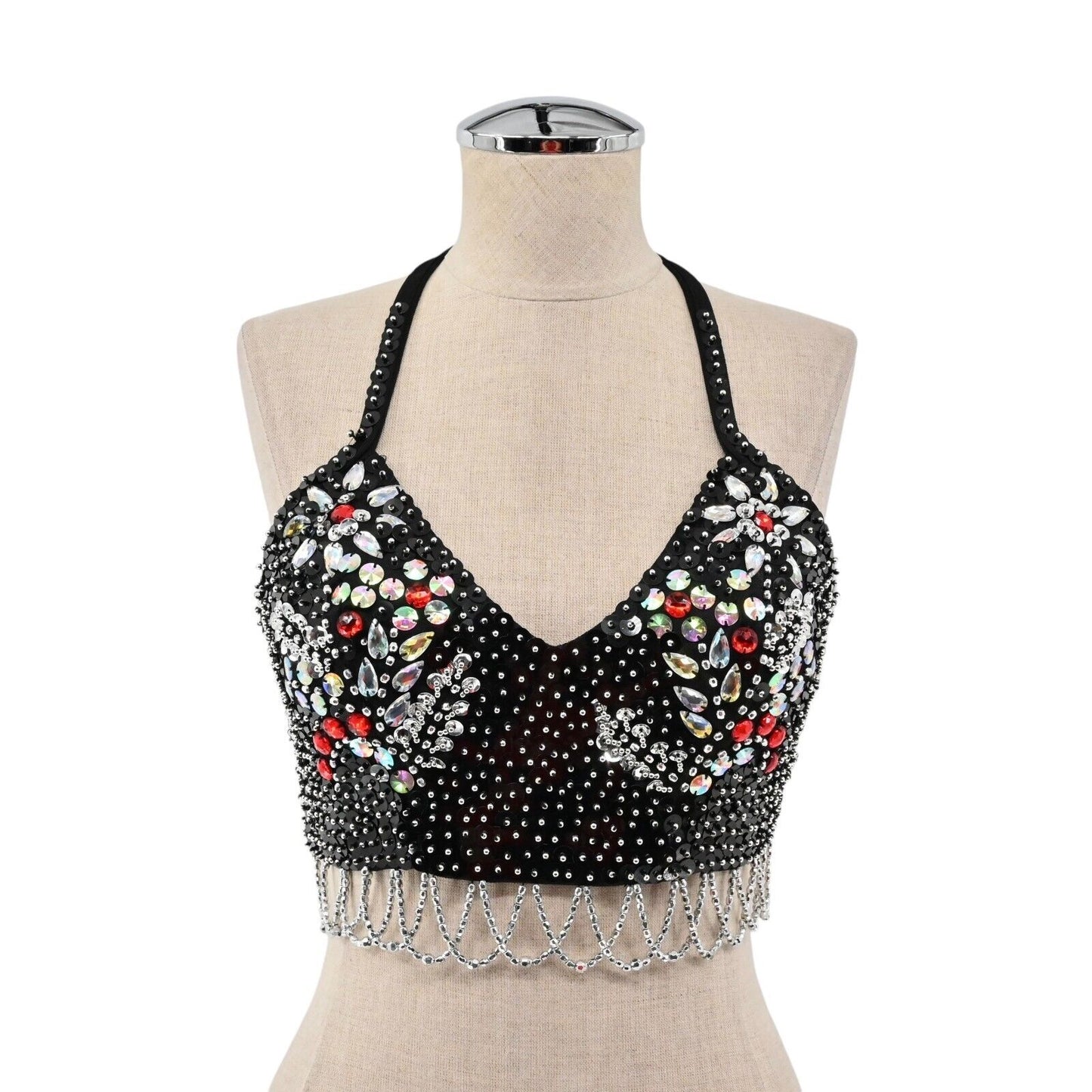 CHARISMATICO Beaded Top Womens Sz M Black Sequin Rhinestone Bustier Halter Crop