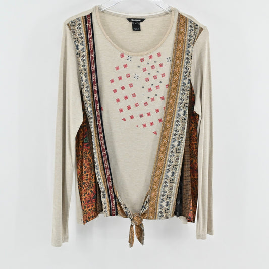 Desigual Womens Tie Front Patchwork Top Size XL Bohemian Artistic Long Sleeve
