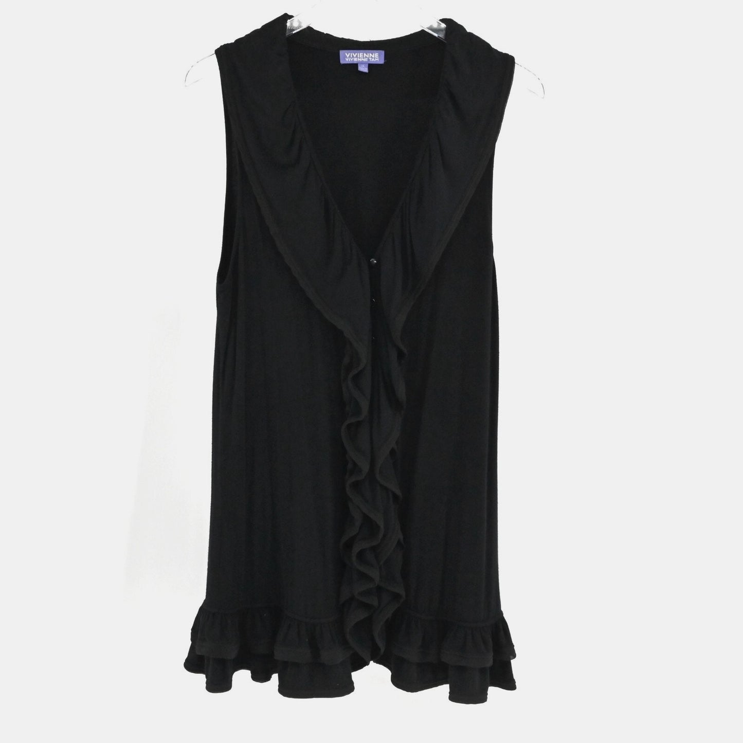 VIVIENNE TAM Womens Black Ruffle Top Size XL Blouse Sleeveless Button Front