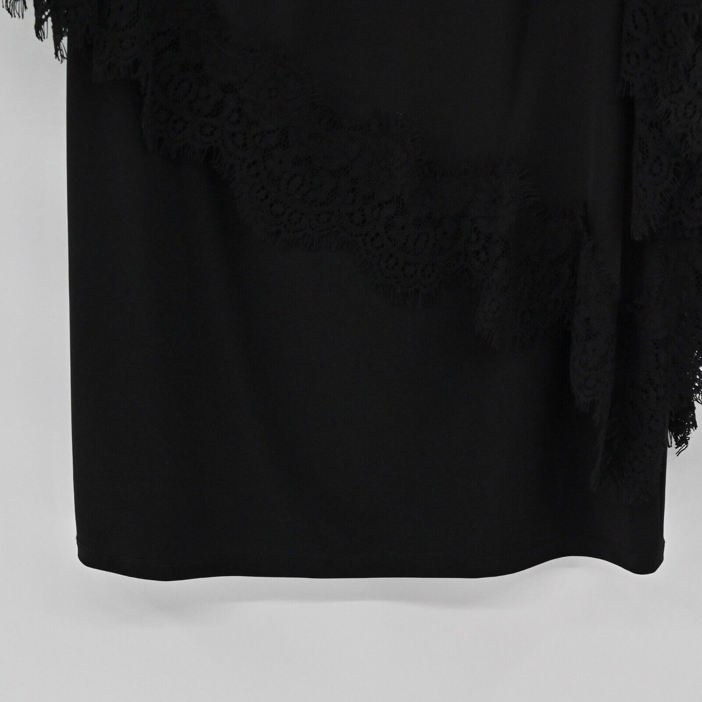 XSCAPE Dress Women Sz 4 Black Lace Trim Chiffon Cold Shoulder Shawl Style Sheath