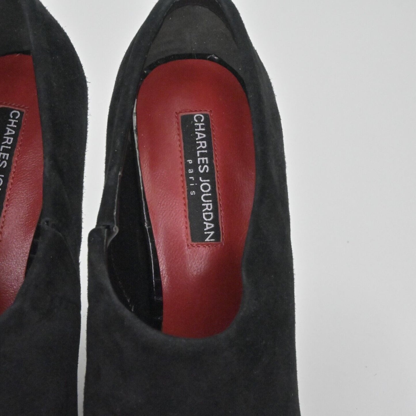 Vtg CHARLES JOURDAN Heels Womens Size 8 Black Suede Snakeskin Embossed Peep Toe