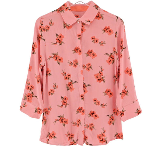 PERLAVERA Top Womens Size S Pink Floral 3/4 Sleeve Button Up Preppy Boho Office
