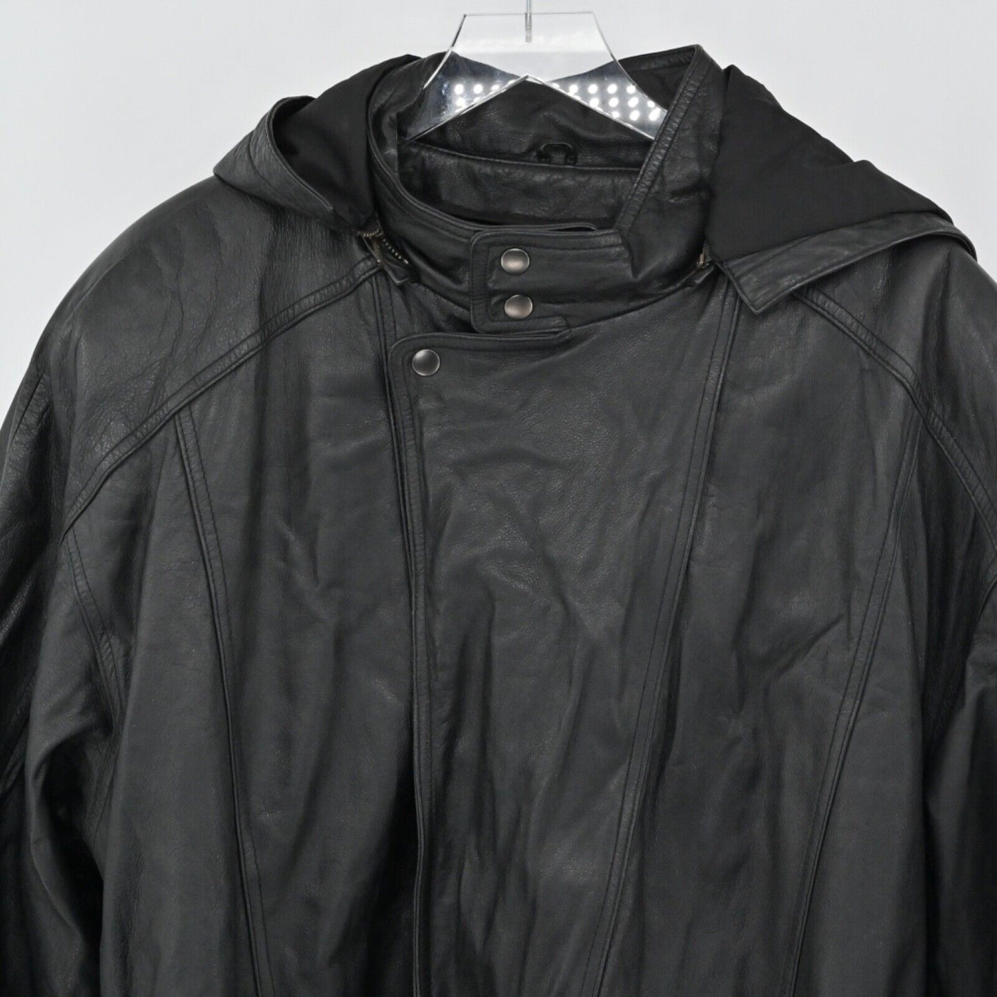 Vtg WILSONS Leather Coat Mens L Black Removable Hood Belted Faux Fur Lined 80s