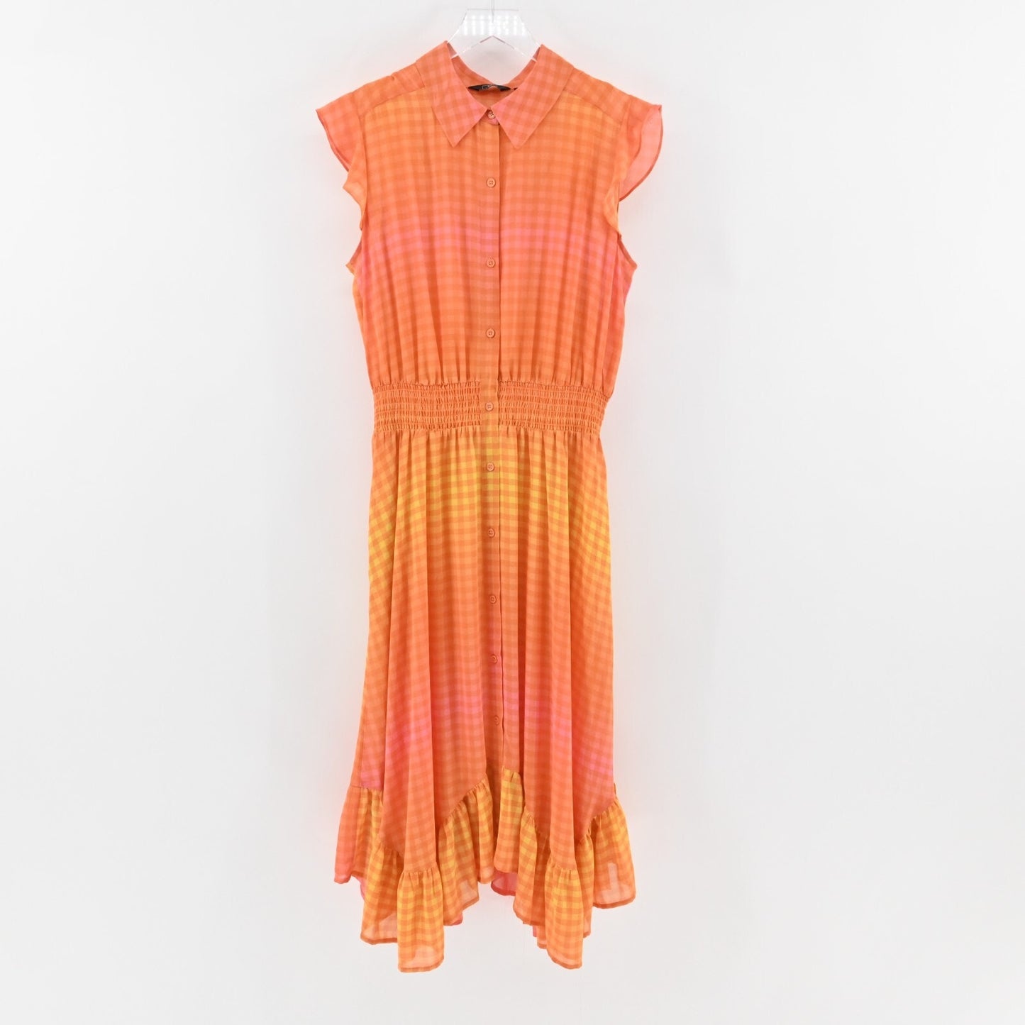 G by GIULIANA Dress Size L Orange Ombre Gingham Print Button Front Smocked Midi