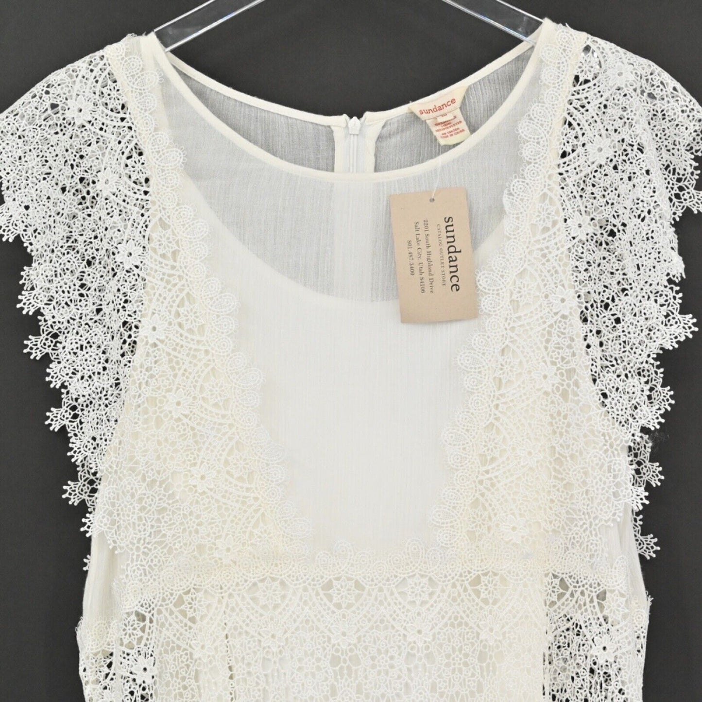 SUNDANCE Dress Womens Size 10 Ivory Floral Lace Ruffle Flutter Sleeve Maxi NEW