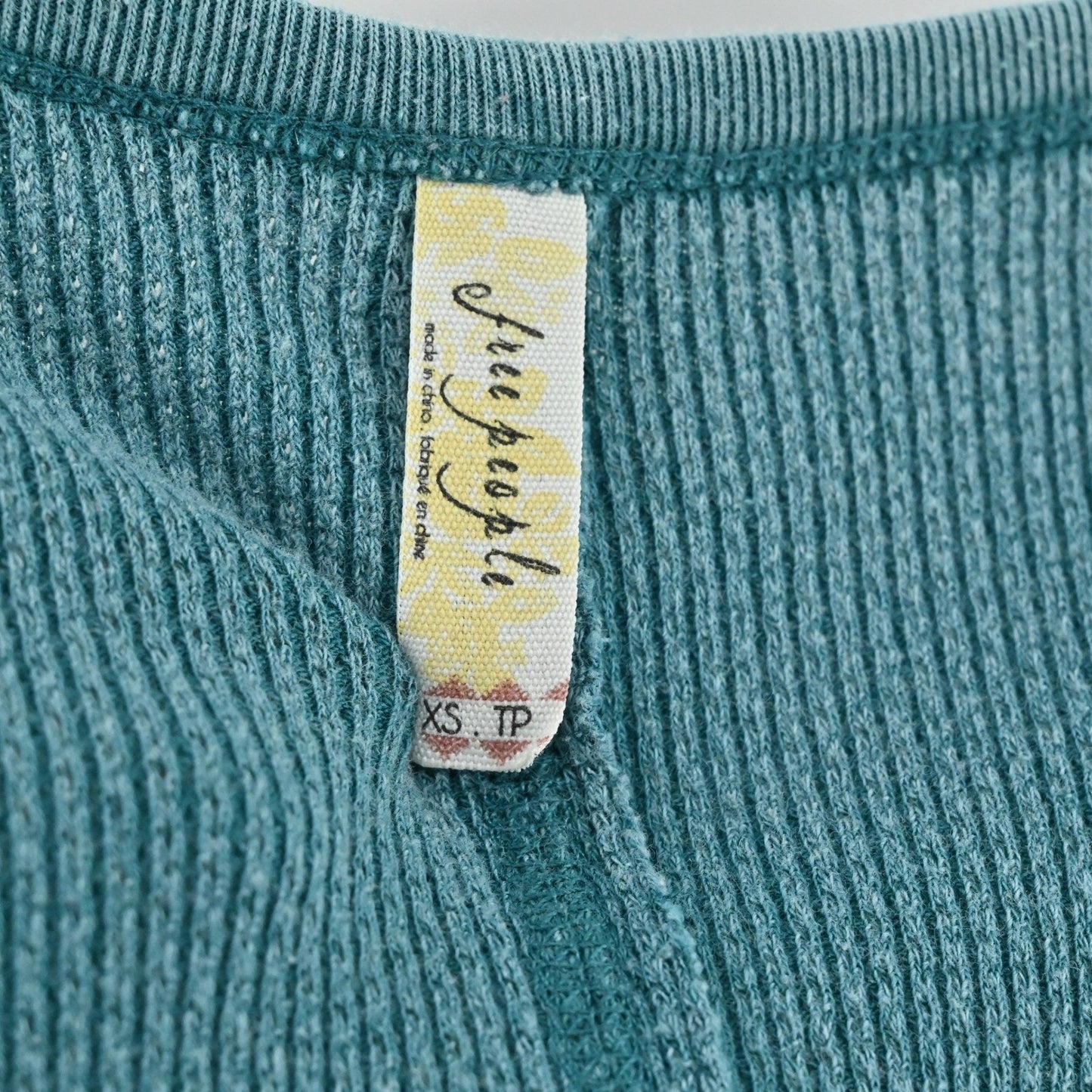 Free People Womens Apline Top Size XS Teal Thermal Waffle Knit Cuff Henley Boho