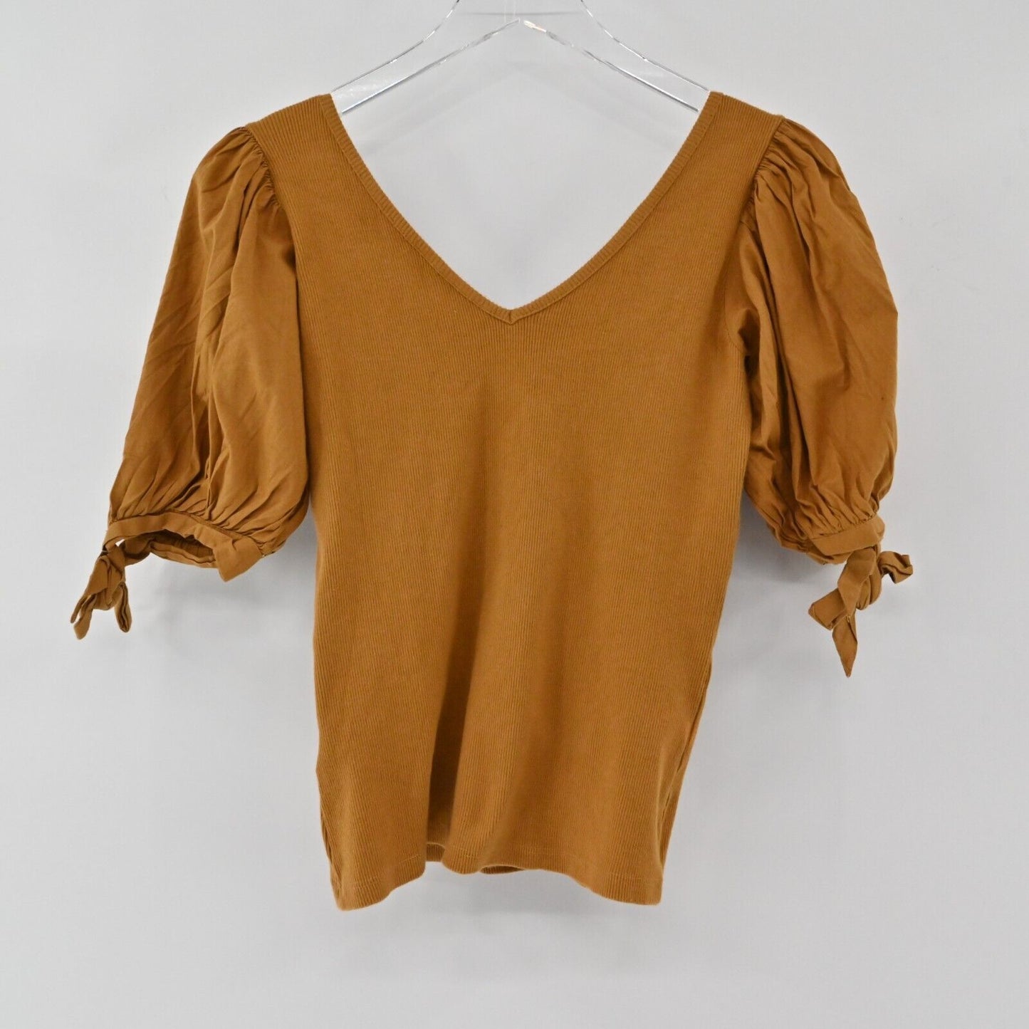ANTHROPOLOGIE Top Womens Size XS Maeve Puff Sleeve Tie VNeck Mustard Blouse