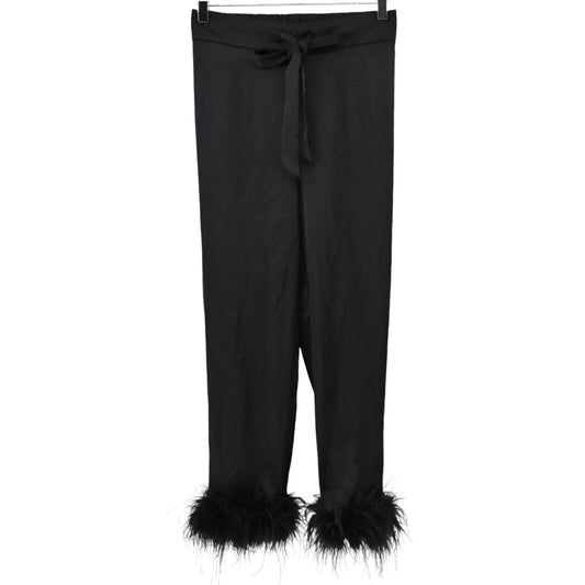 NADINE MERABI Pants Women Sz 2 Black Satin Feather Cuff Darcie Pajama Retro Glam