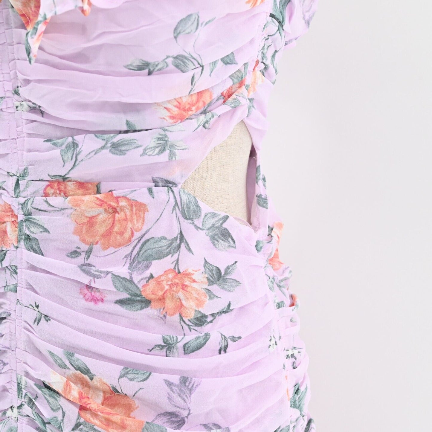 ASTR Dress Size M Devereaux Midi Cut Out Side Draped Pink Multi Floral Lavender