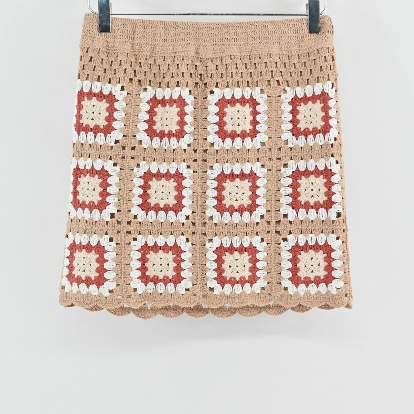 Lulus Womens Granny Squares Crochet Mini Skirt Size S Tan Boho Festival Lined