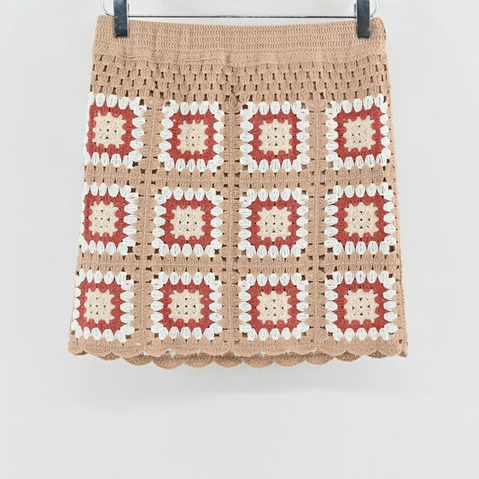 Lulus Womens Granny Squares Crochet Mini Skirt Size S Tan Boho Festival Lined