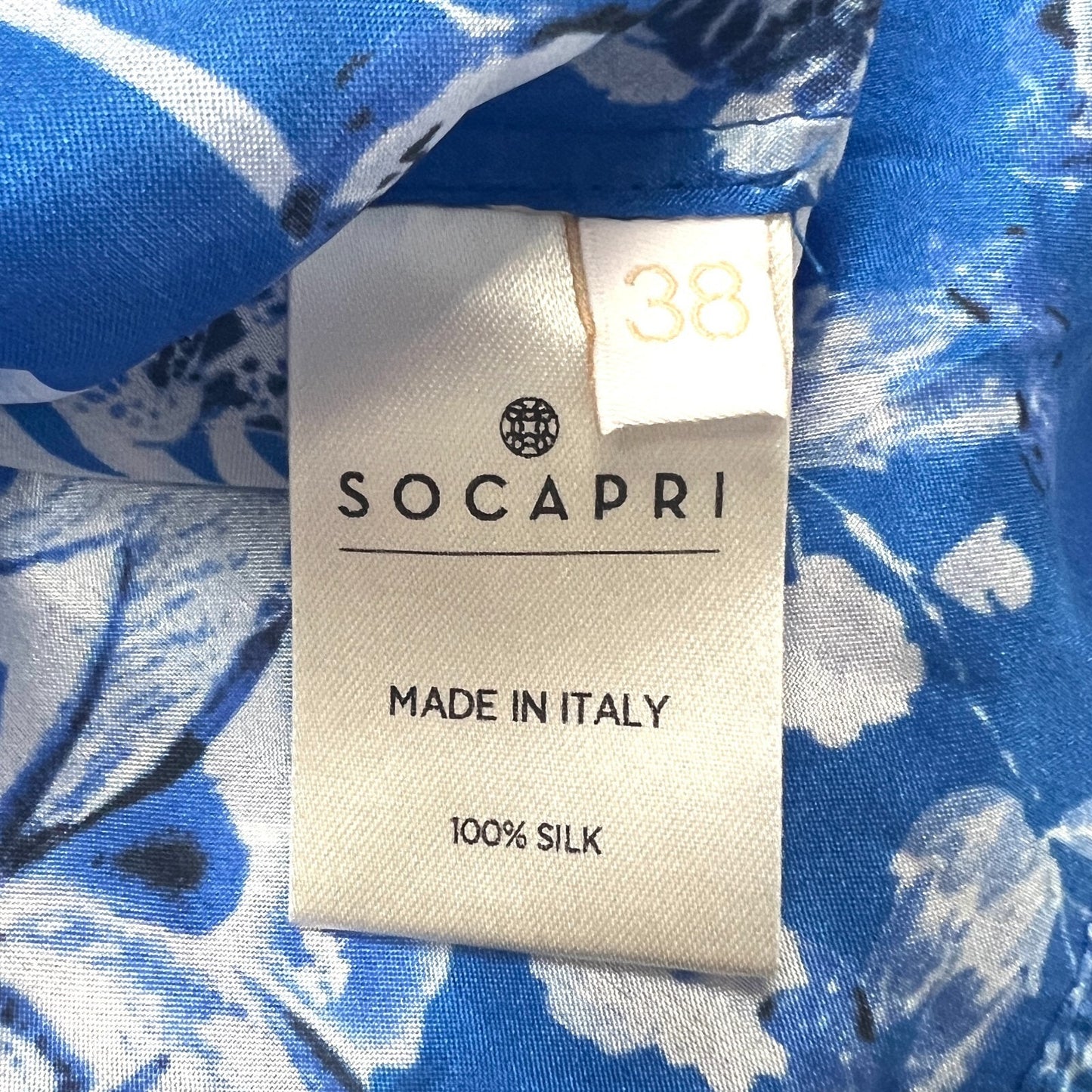 SOCAPRI Dress Sz 38 Blue Floral 100% Silk Dolman Sleeve Mini Geisha Deep V Neck